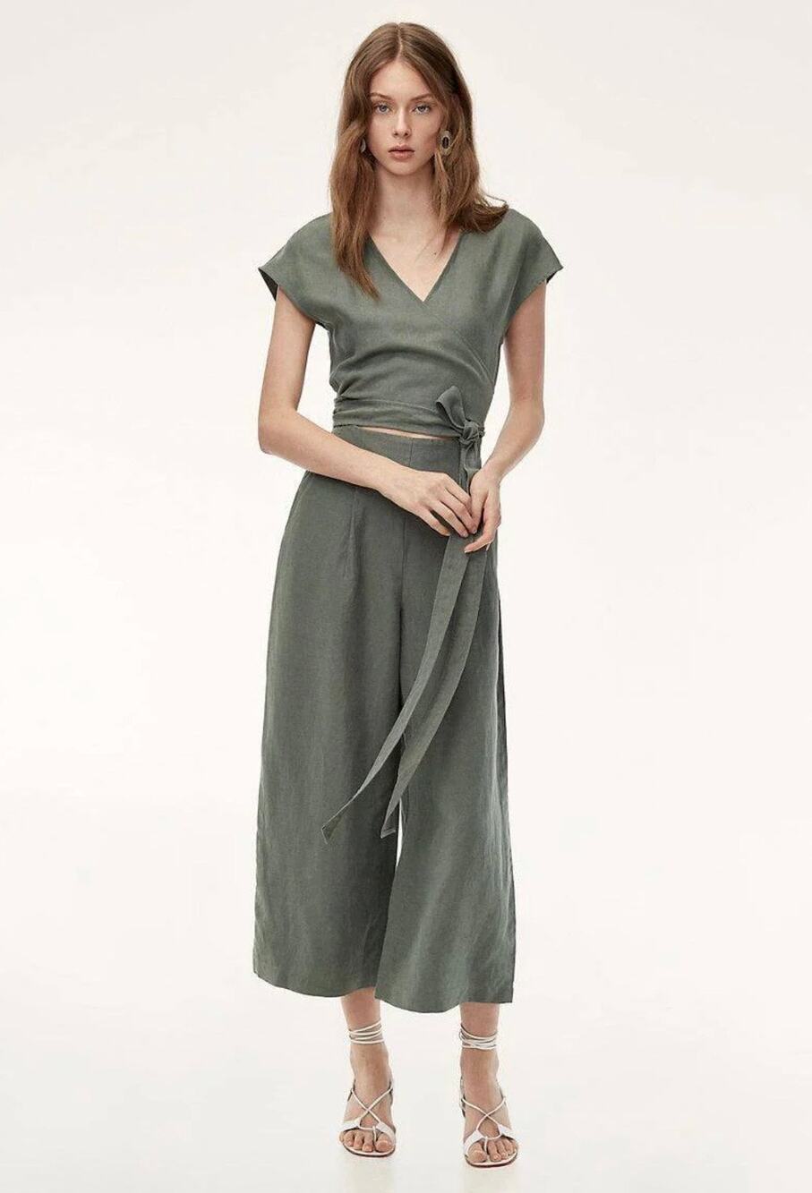 Aritzia Wilfred linen blend brax wrap wide leg jumpsuit olive green size 2